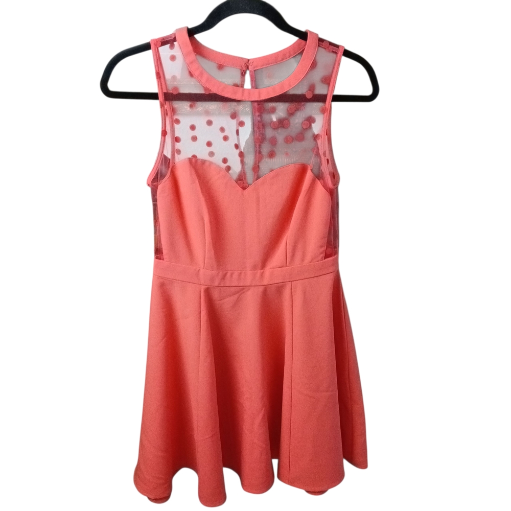 Coincidence & Chance Coral Mesh Polka Dot Sleeveless Dress Small Faux High Neck